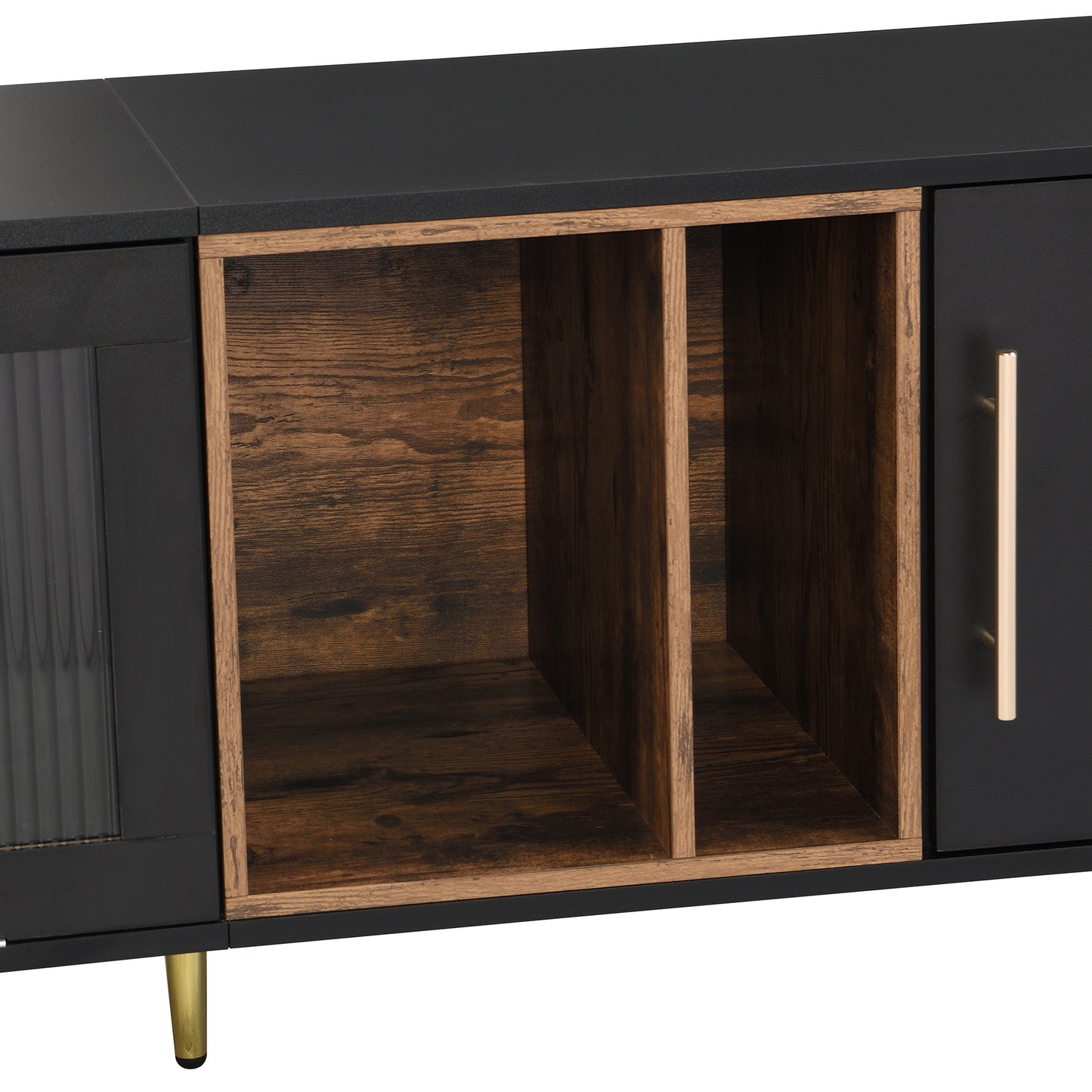 ON-TREND Stylish TV Stand with Golden Metal Handles&Legs, Two-tone Media Console for TVs Up to 80", Fluted Glass Door TV Cabinet with Removable Compartment for Living Room, Black