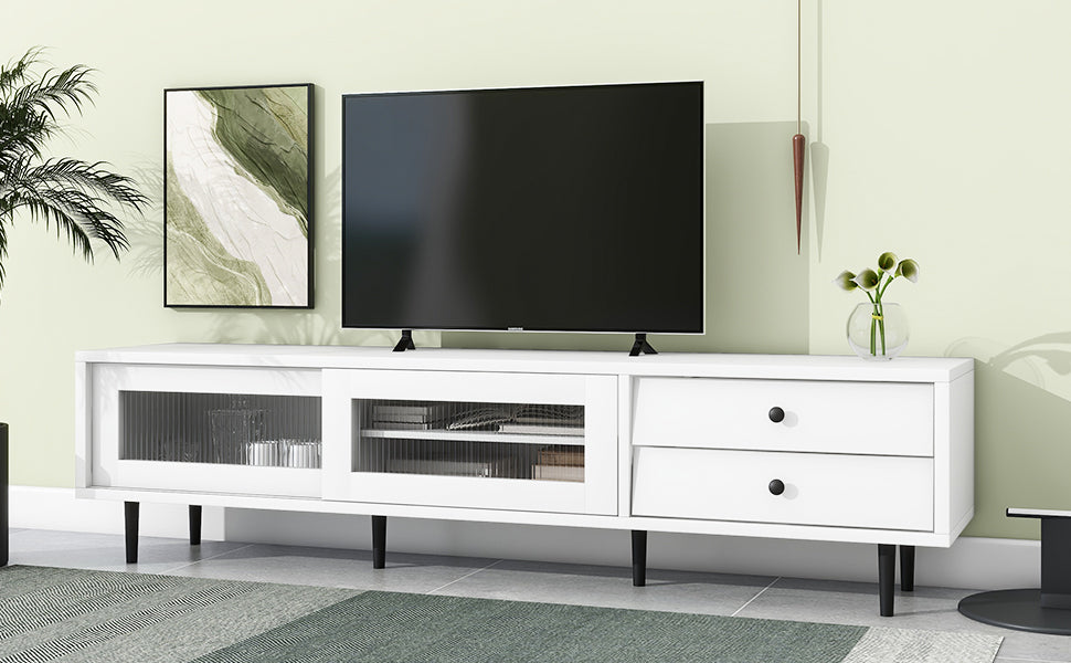 ON-TREND Chic Elegant Design TV Stand with Sliding Fluted Glass Doors, Slanted Drawers Media Console for TVs Up to 75", Modern TV Cabinet with Ample Storage Space, White