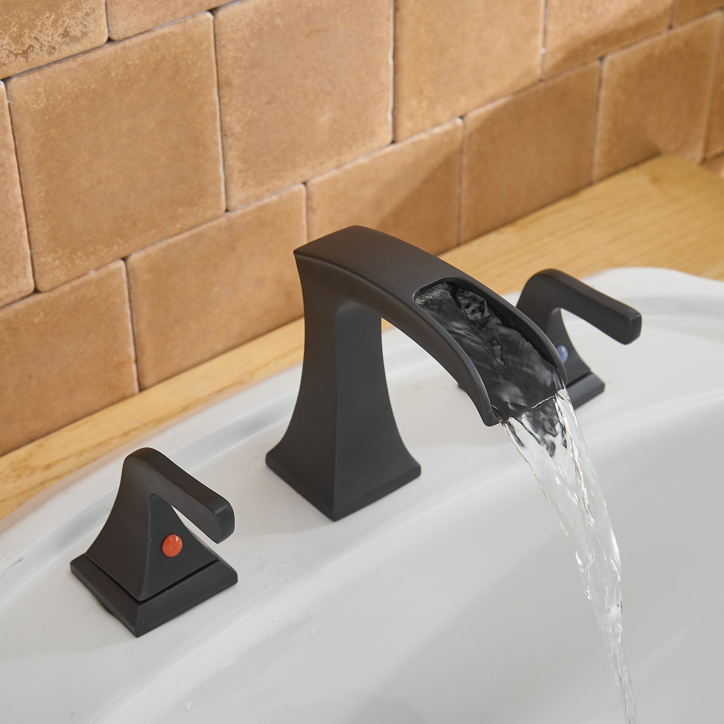 8 in. Widespread 2-Handle Waterfall Bathroom Sink Faucet in Matte Black