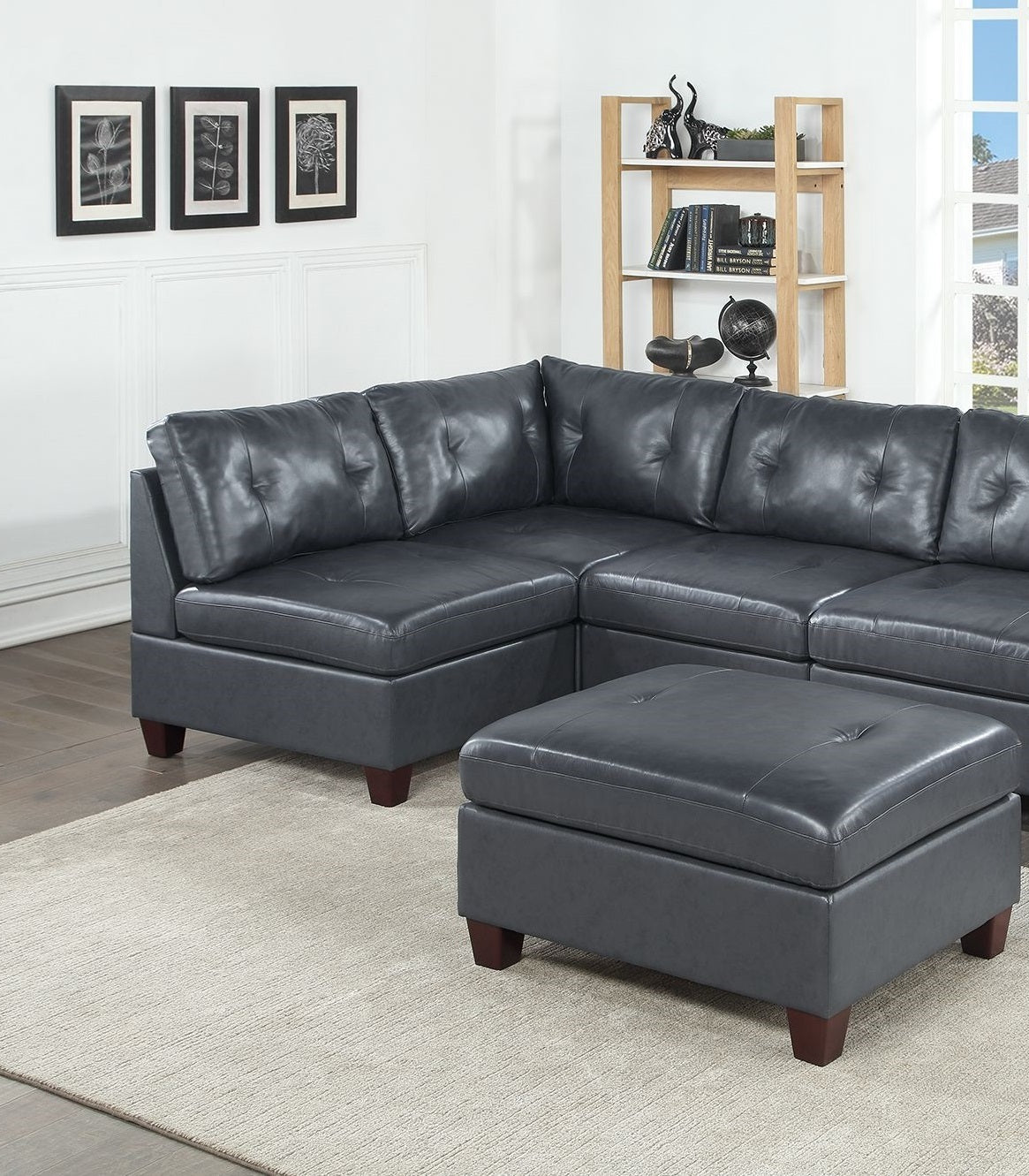 Contemporary Genuine Leather 1pc Ottoman Black Color Tufted Seat Living Room Furniture