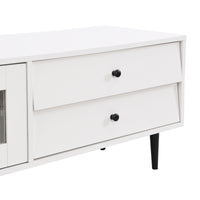 ON-TREND Chic Elegant Design TV Stand with Sliding Fluted Glass Doors, Slanted Drawers Media Console for TVs Up to 75", Modern TV Cabinet with Ample Storage Space, White