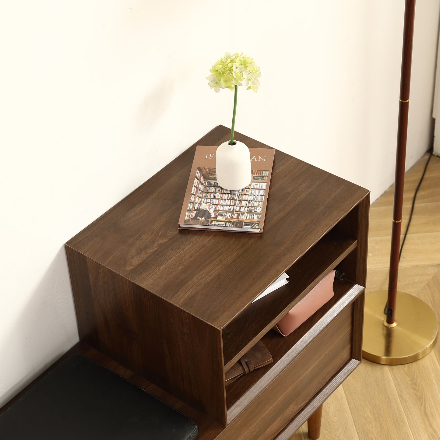 Modern Shoe Changing Cabinet with Cushion - 47.24 Inch, Black Walnut Finish, Solid Wood Legs - Spacious and Fashionable Shoe Cabinet