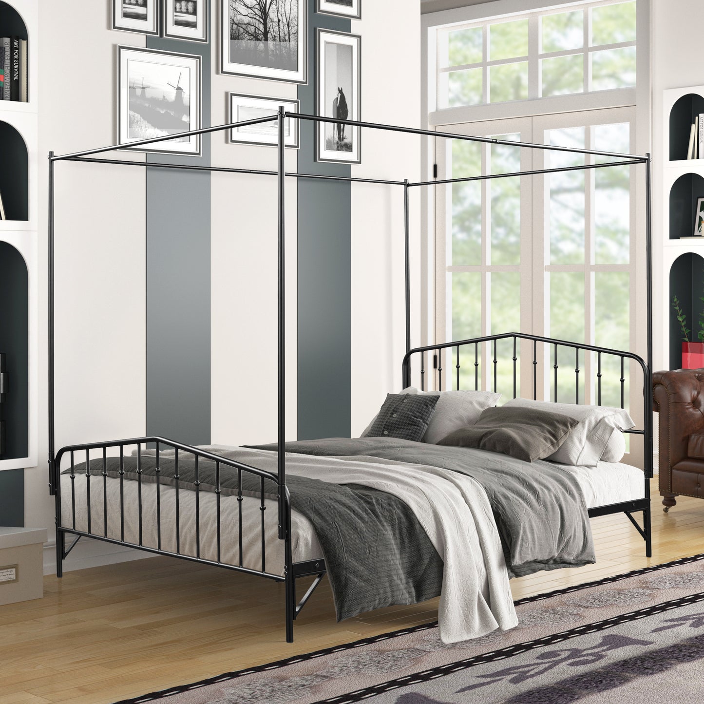 Detachable Queen Anti-Noise Metal Canopy Bed