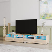 The  TV cabinet has two drawers with color-changing light strips, Rustic Oak