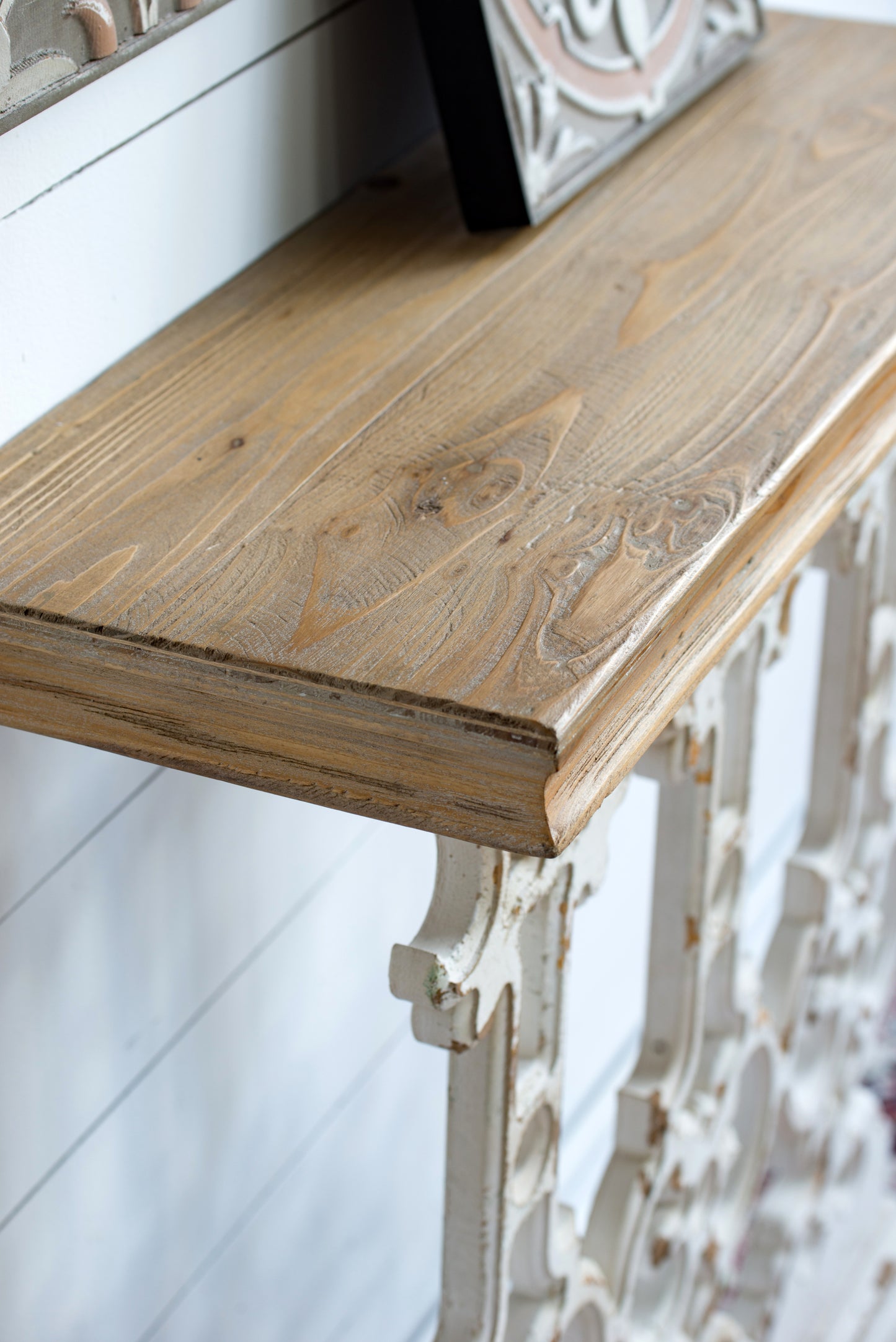 32" x 12" x 32" Classic Vintage White Wash Console Table with Brown Wood Top