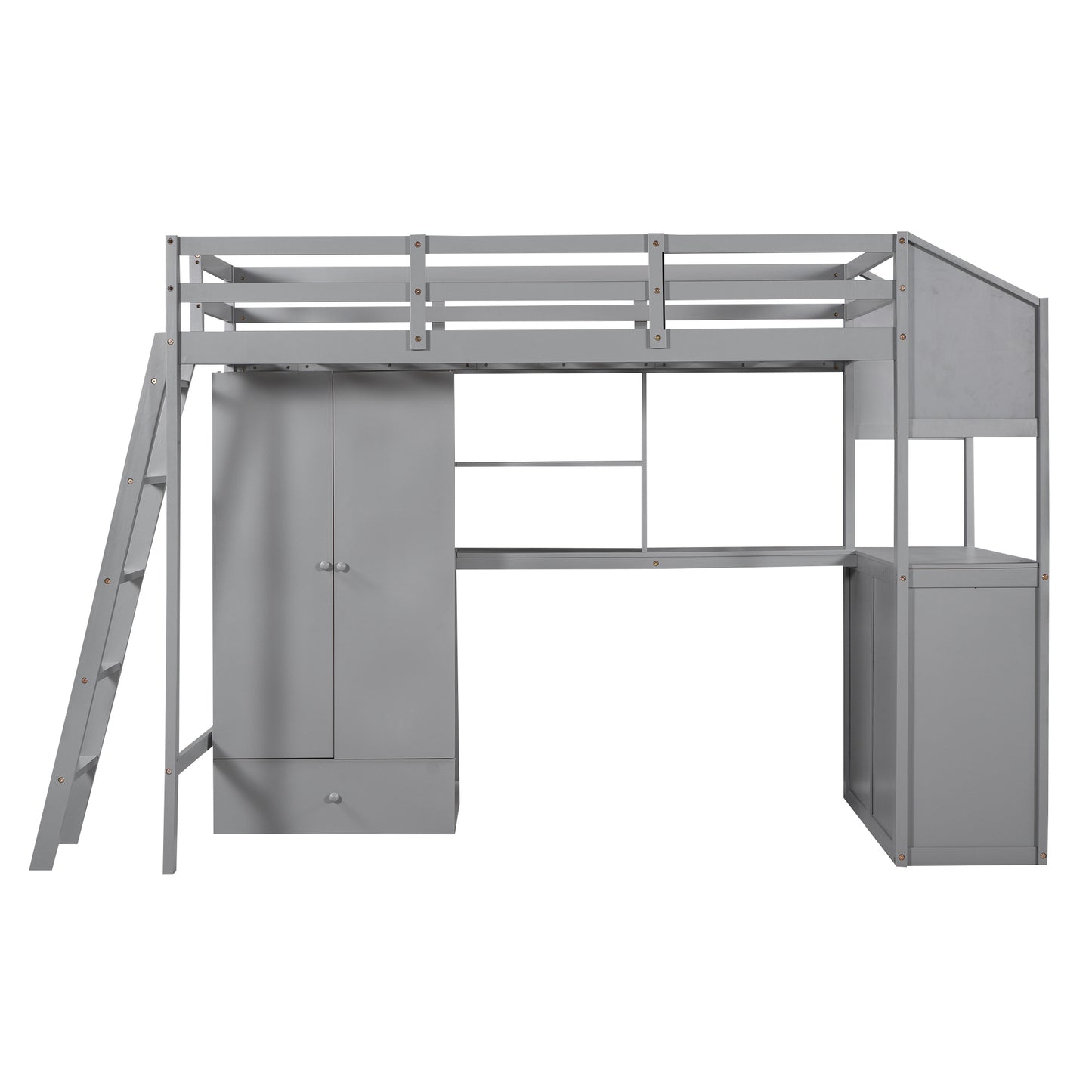 Twin Size Loft Bed with Wardrobe and Drawers, attached Desk with Shelves, Gray