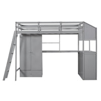 Twin Size Loft Bed with Wardrobe and Drawers, attached Desk with Shelves, Gray