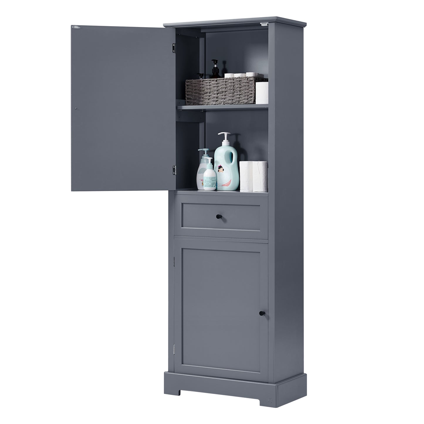 Bathroom Storage Cabinet, Tall Storage Cabinet with Two Doors and Drawer, Adjustable Shelf, Grey