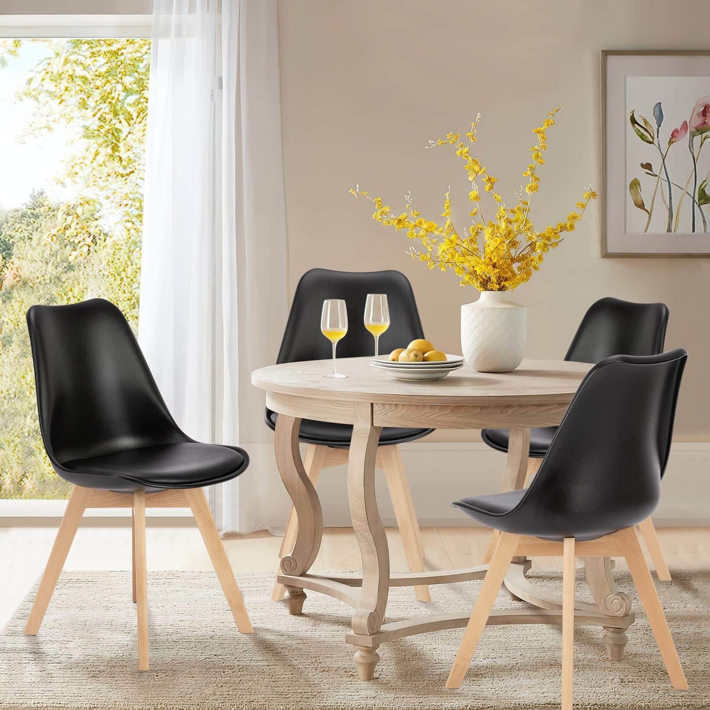 PU Leather Upholstered Dining Chairs with Wood Legs, Set of 4 for Kitchen, Black