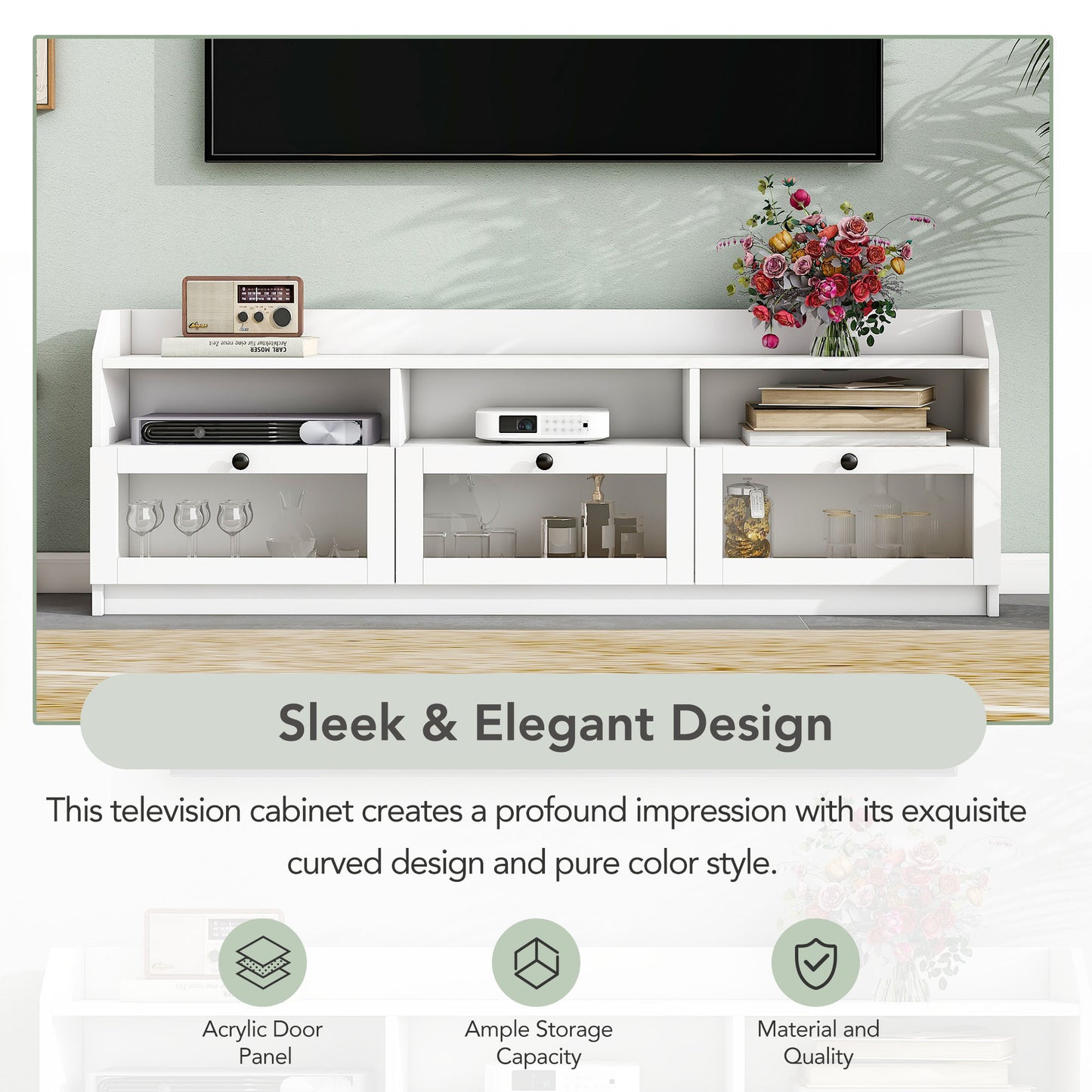 ON-TREND Sleek & Modern Design TV Stand with Acrylic Board Door, Chic Elegant Media Console for TVs Up to 65", Ample Storage Space TV Cabinet with Black Handles, White