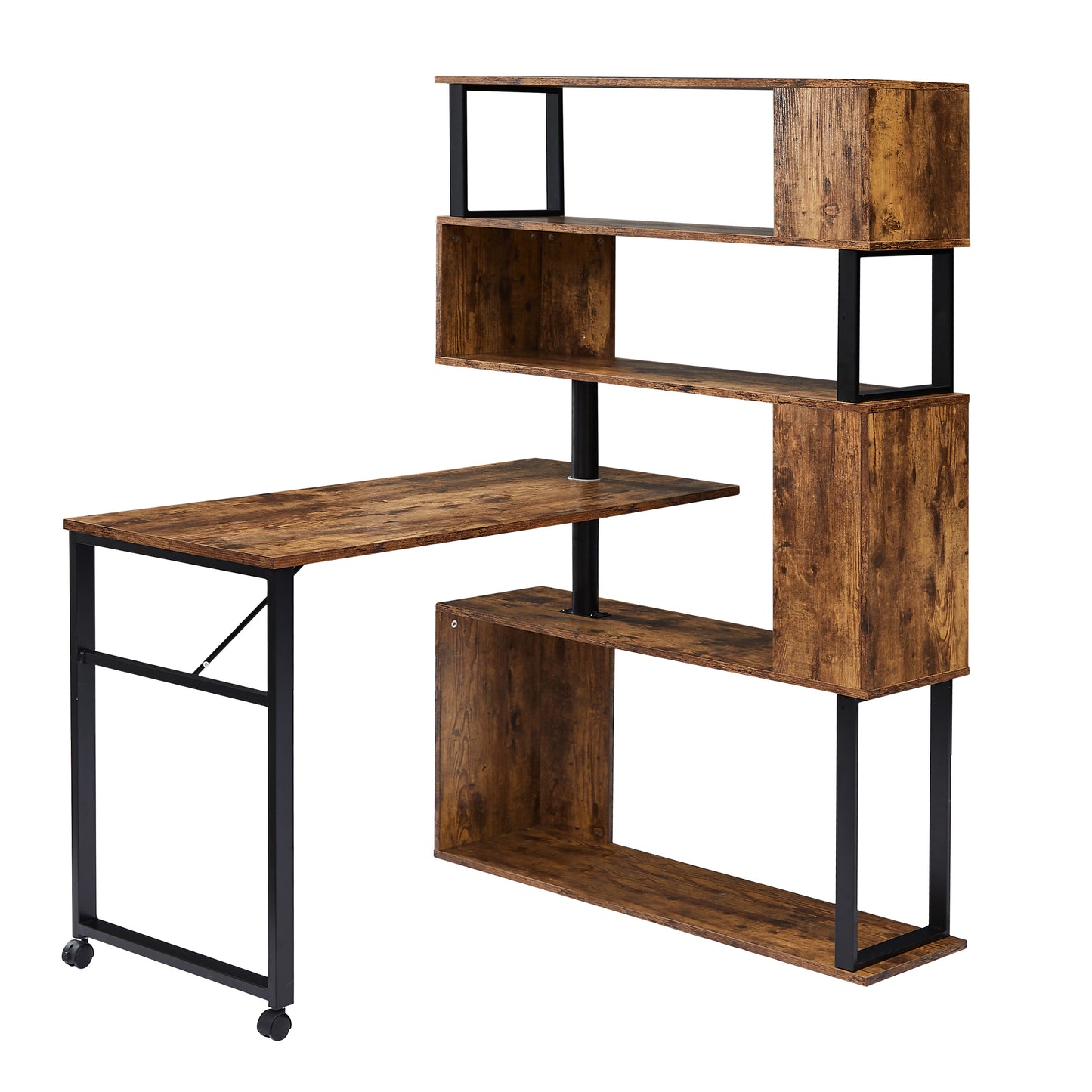 Home Office Computer Desk L-Shaped Corner Table, Rotating Computer Table with 5-Tier Bookshelf, Four Installation Methods, Lockable Casters (Tiger)