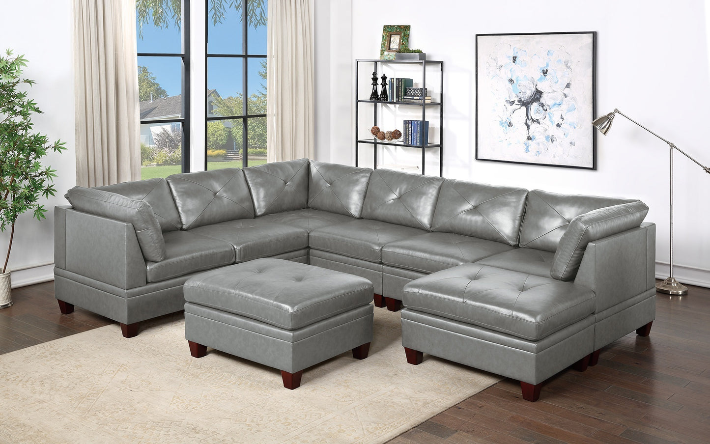 Genuine Leather Grey Color Tufted 8pc Sectional Set 3x Corner Wedge 3x Armless Chair 2x Ottomans Living Room Furniture Sofa Couch