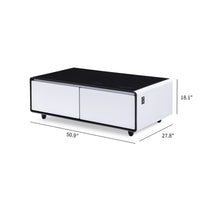 Modern Smart Coffee Table with Built-in Fridge, Bluetooth Speaker, Wireless Charging Module, Touch Control Panel, Power Socket, USB Interface, Outlet Protection, Atmosphere light, White