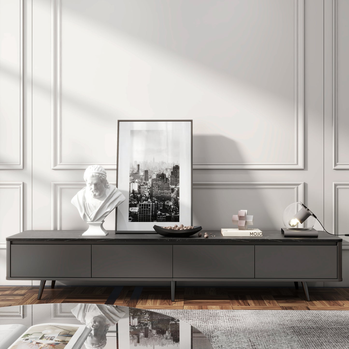 Contemporary TV Stand with 4 Drawers Media Console for TVs Up to 70", Handle-Free Design Modern Elegant TV Cabinet, Black Marble Texture