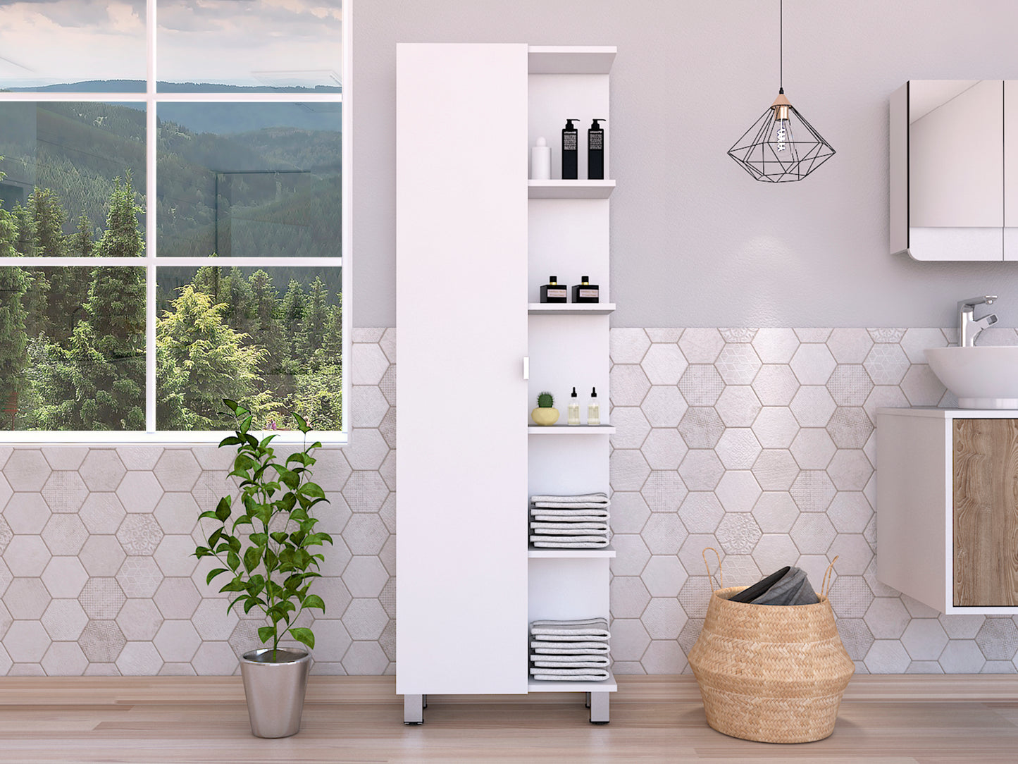 Corner Cabinet Womppi, Five Open Shelves, Single Door, White Finish