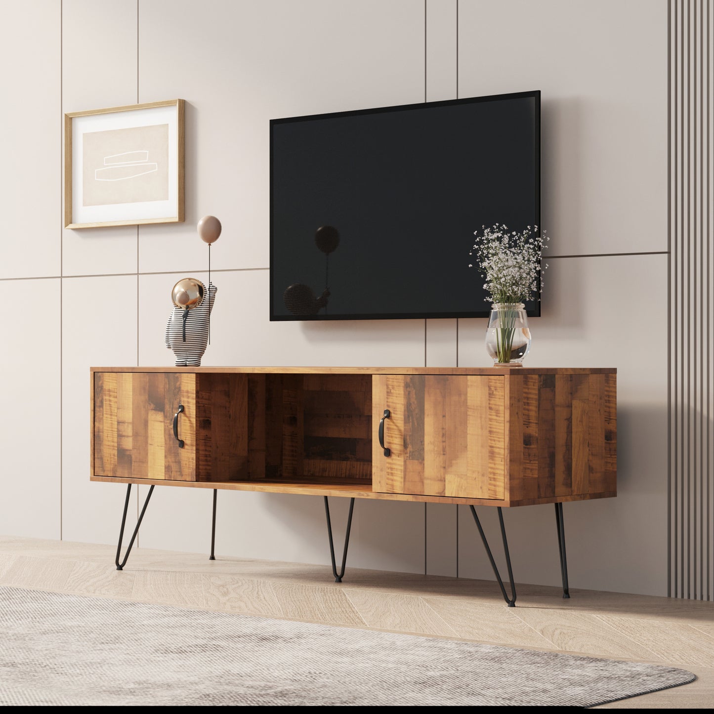 TV Media Stand, 60 inch Wide , Modern Industrial, Living Room Entertainment Center, Storage Shelves and Cabinets, for Flat Screen TVs up to 65 inches in Natural