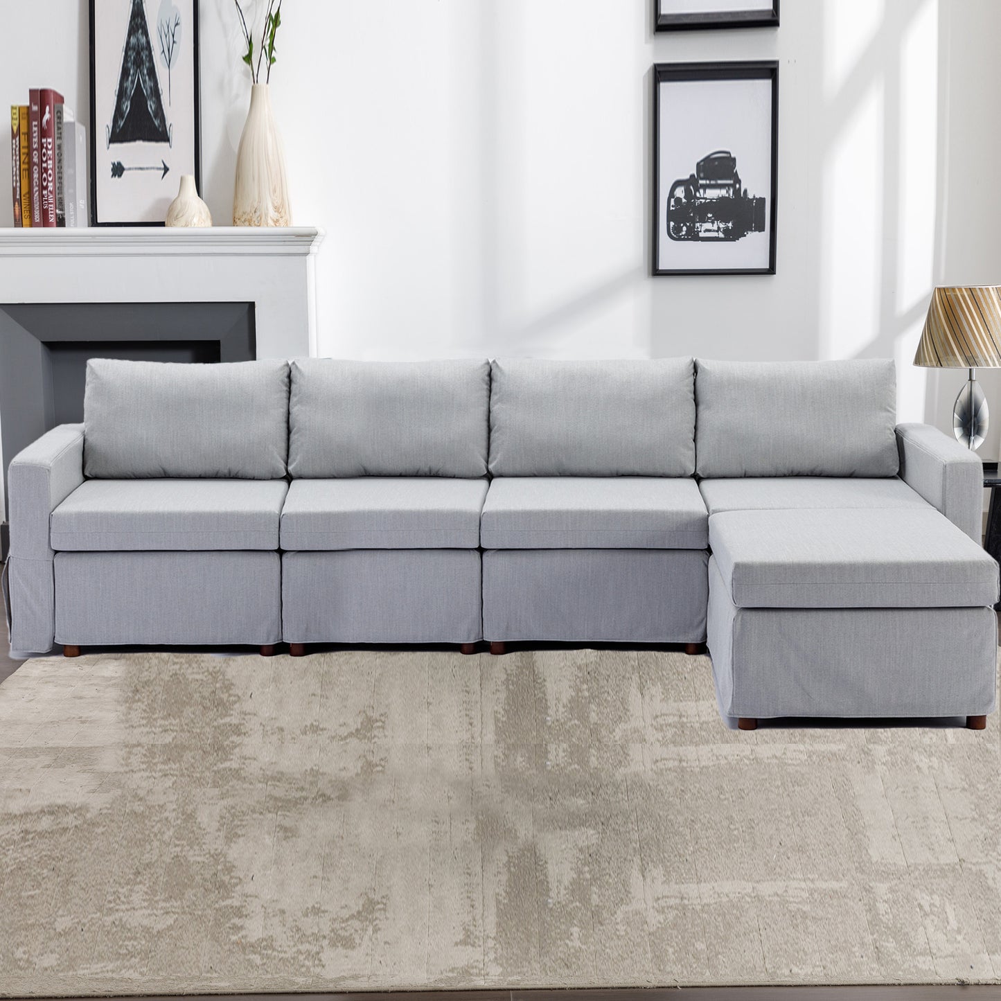 4 Seat Module Sectional Sofa Couch With 1 Ottoman,Seat Cushion and Back Cushion Removable and Washable,Light Grey