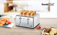 Toaster 4 Slice, Geek Chef Stainless Steel Extra-Wide Slot Toaster with Dual Control Panels of Bagel/Defrost/Cancel Function, 6 Toasting Bread Shade Settings, Removable Crumb Trays Ban on Amazon