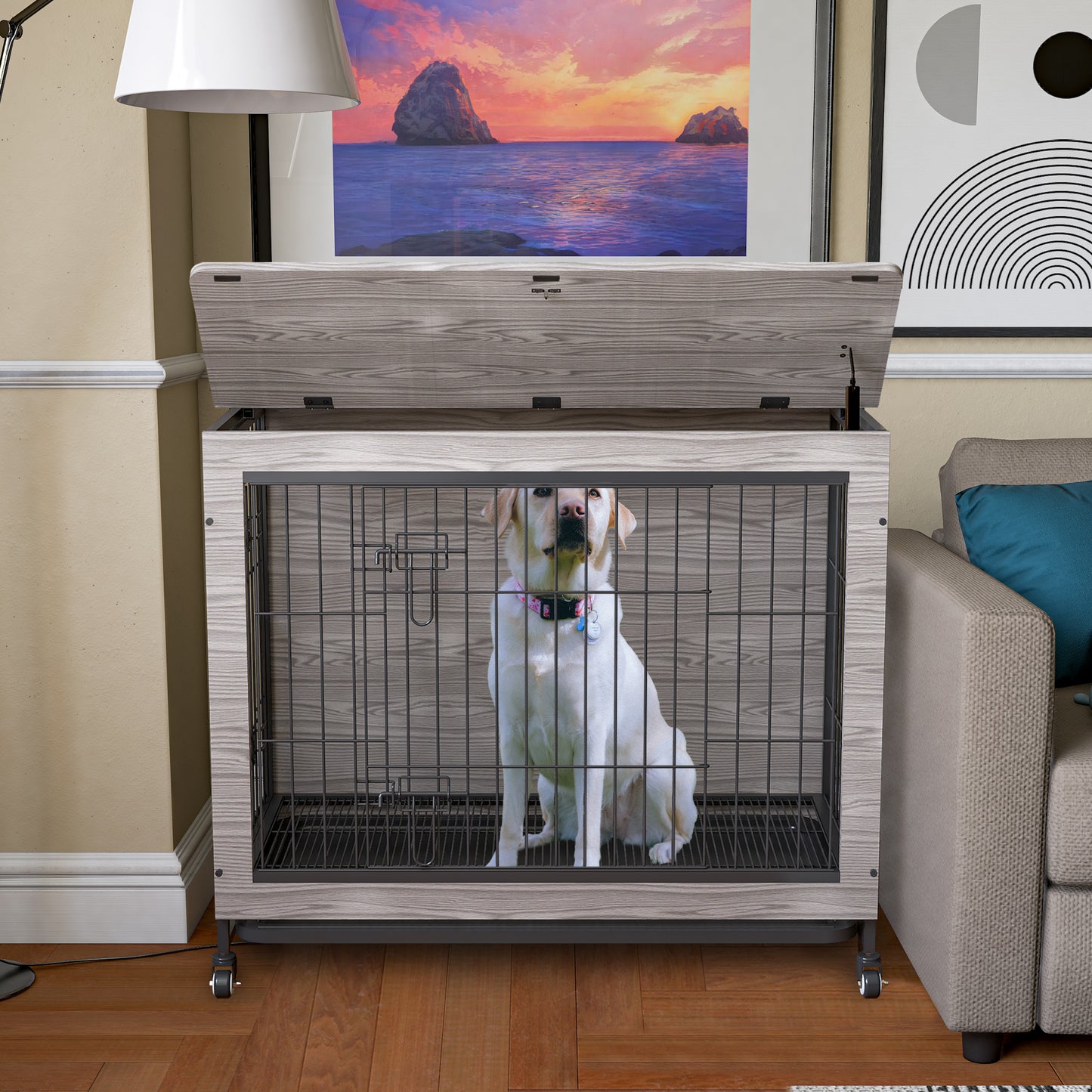 Dog Crate Furniture , 38'' Heavy Duty Wooden Dog Kennel with Double Doors & Flip-Top for Large Dogs, Furniture Style Dog Crate End Table with Wheels, Grey 38.3"L X 23.4"W X 32"H