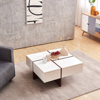 Victoria Collection Modern Style High Gloss & Veneer Finished Living Room Square Coffee Table with 4 Drawers - White & Walnut, Particle Board