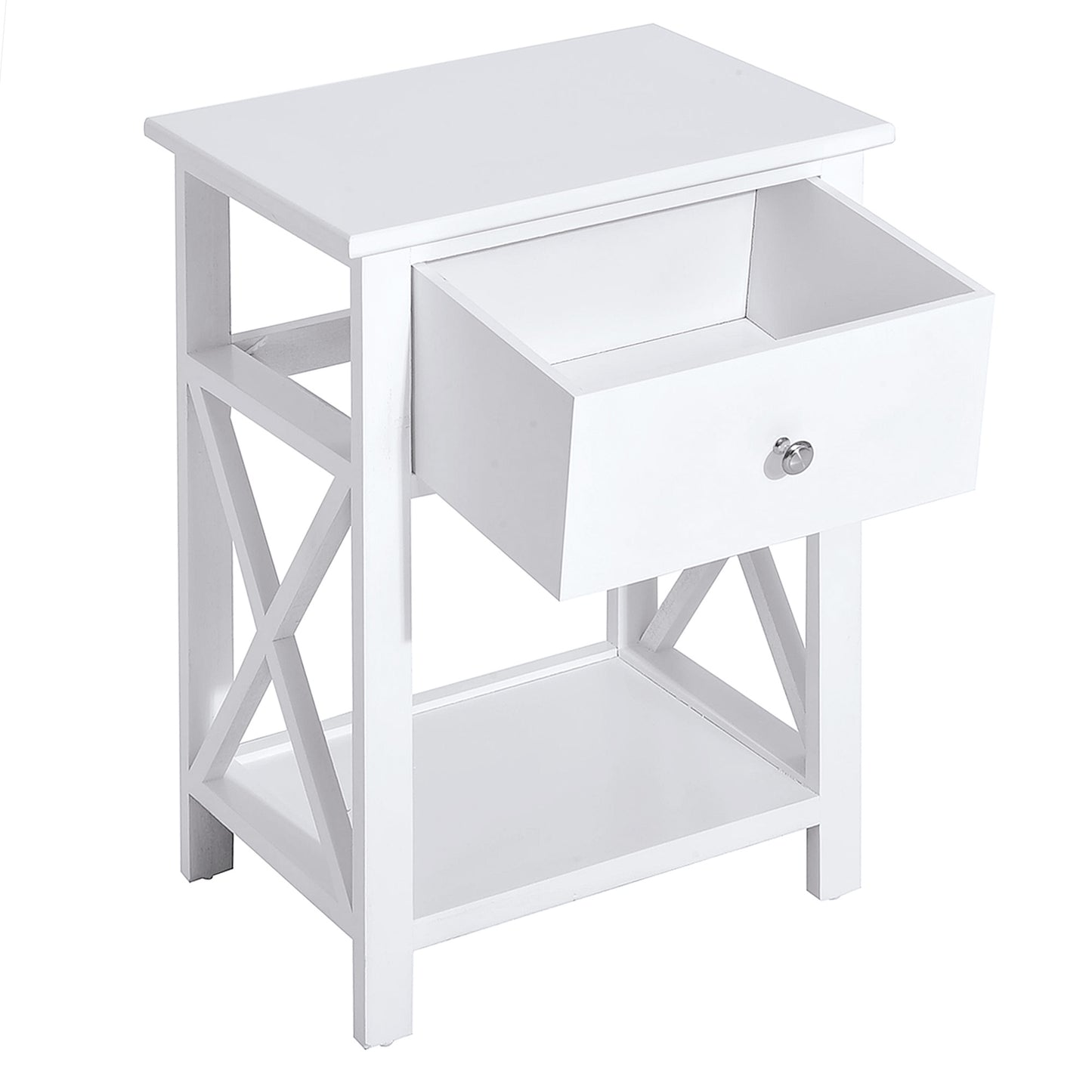 HOMCOM Side Table, Farmhouse End Table with Storage Drawer, Open Shelf and X-frame, Bedside Table for Living Room, White