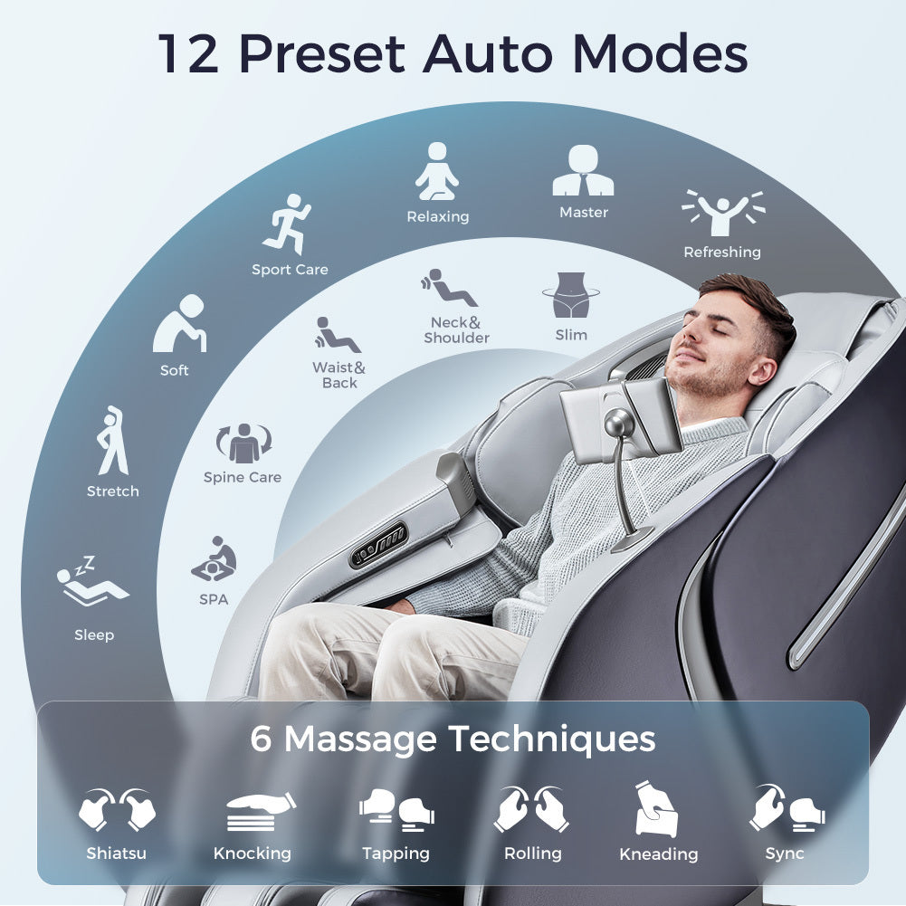 Massage Chair 4D Massage Chair Recliner, Zero Gravity Full Body Airbag Massage Chair with Body Scan Bluetooth Heat Touch Screen Foot Roller Handrail Shortcut Key Blue+Gray