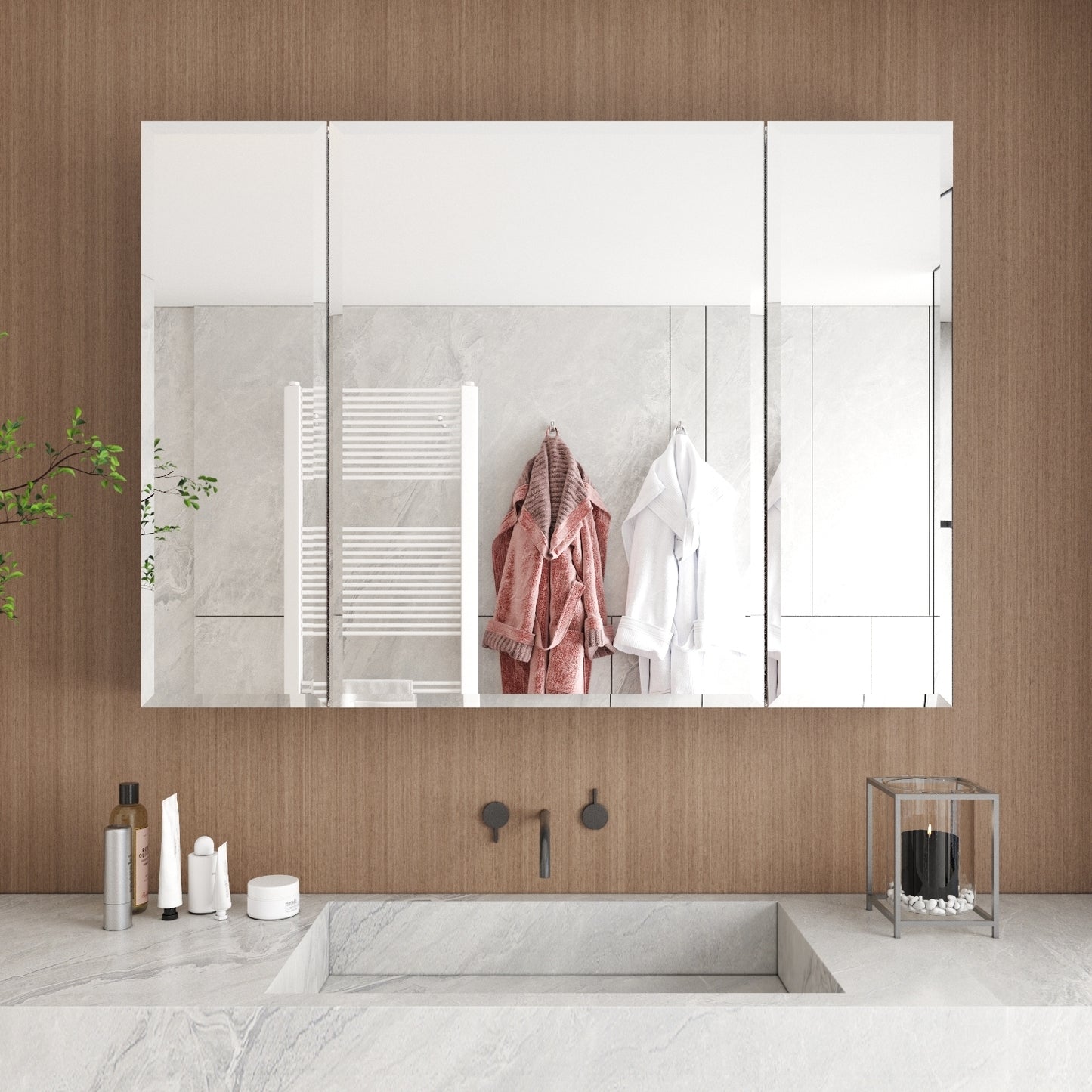 36x26 inch Aluminum Bathroom Medicine Cabinet, Adjustable Glass Shelves, Waterproof and Rust-Resist, Recess or Surface Mount Installation