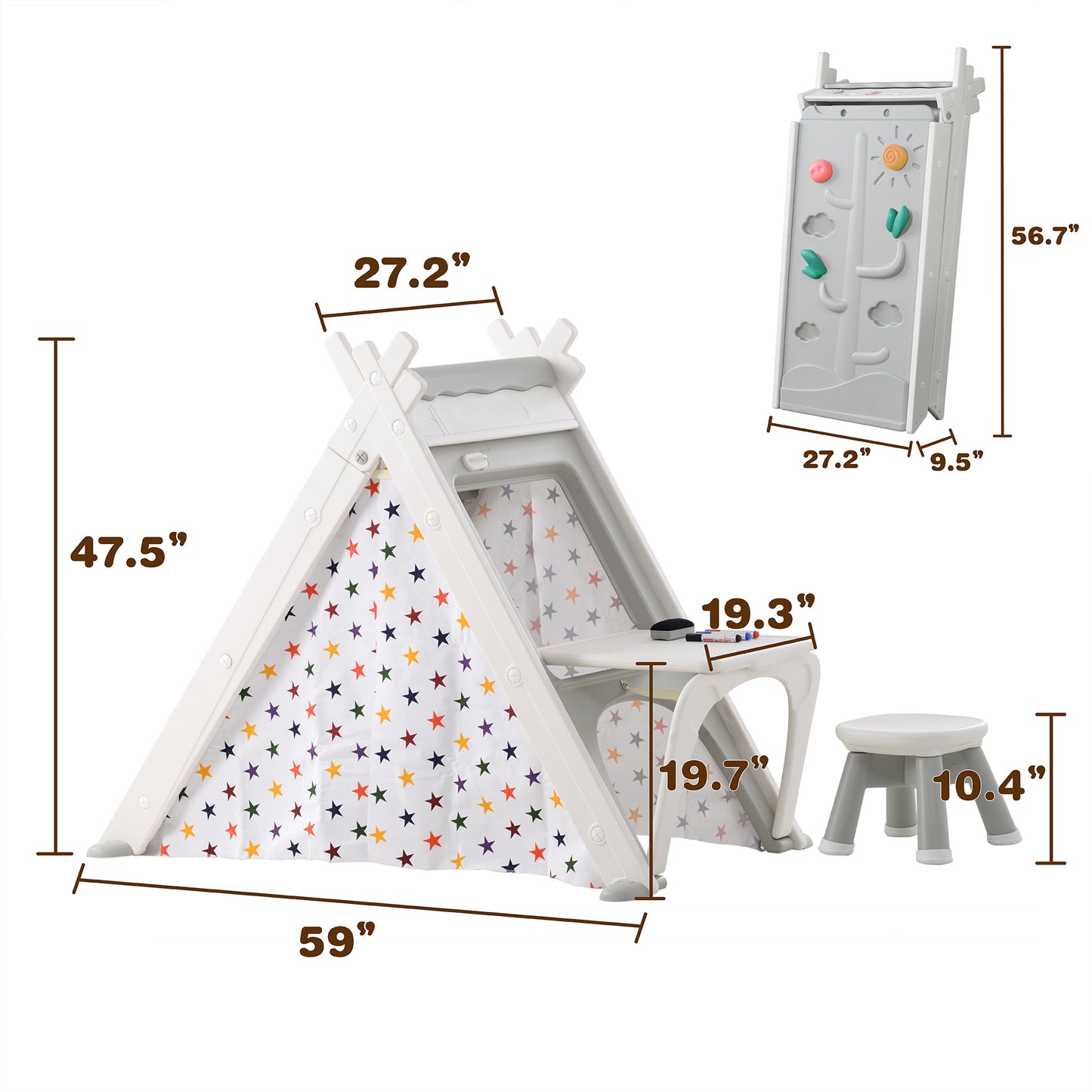 Kids Play Tent - 4 in 1 Teepee Tent with Stool and Climber, Foldable Playhouse Tent for Boys & Girls