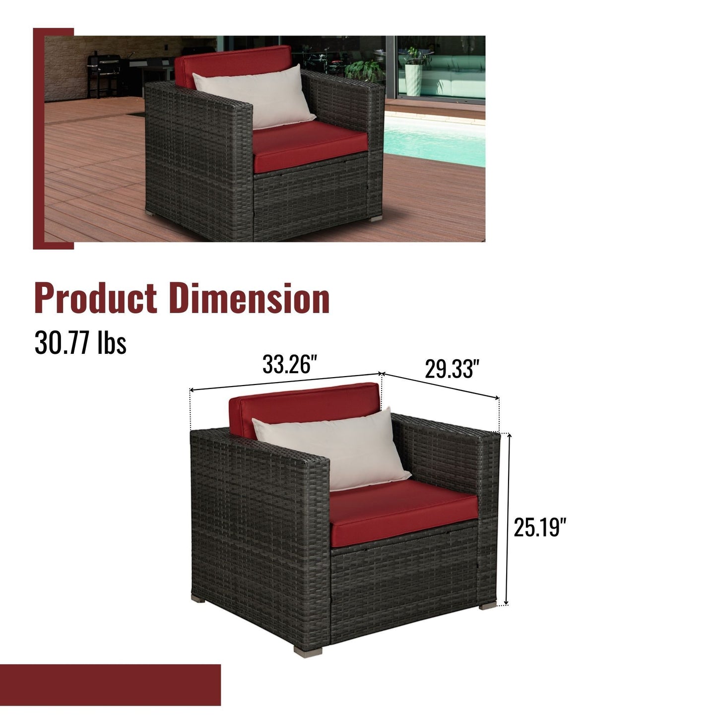 Outdoor Garden Patio Furniture 1-Piece Gray PE Rattan Wicker Sectional Red Cushioned Sofa with 1 Beige Pillow