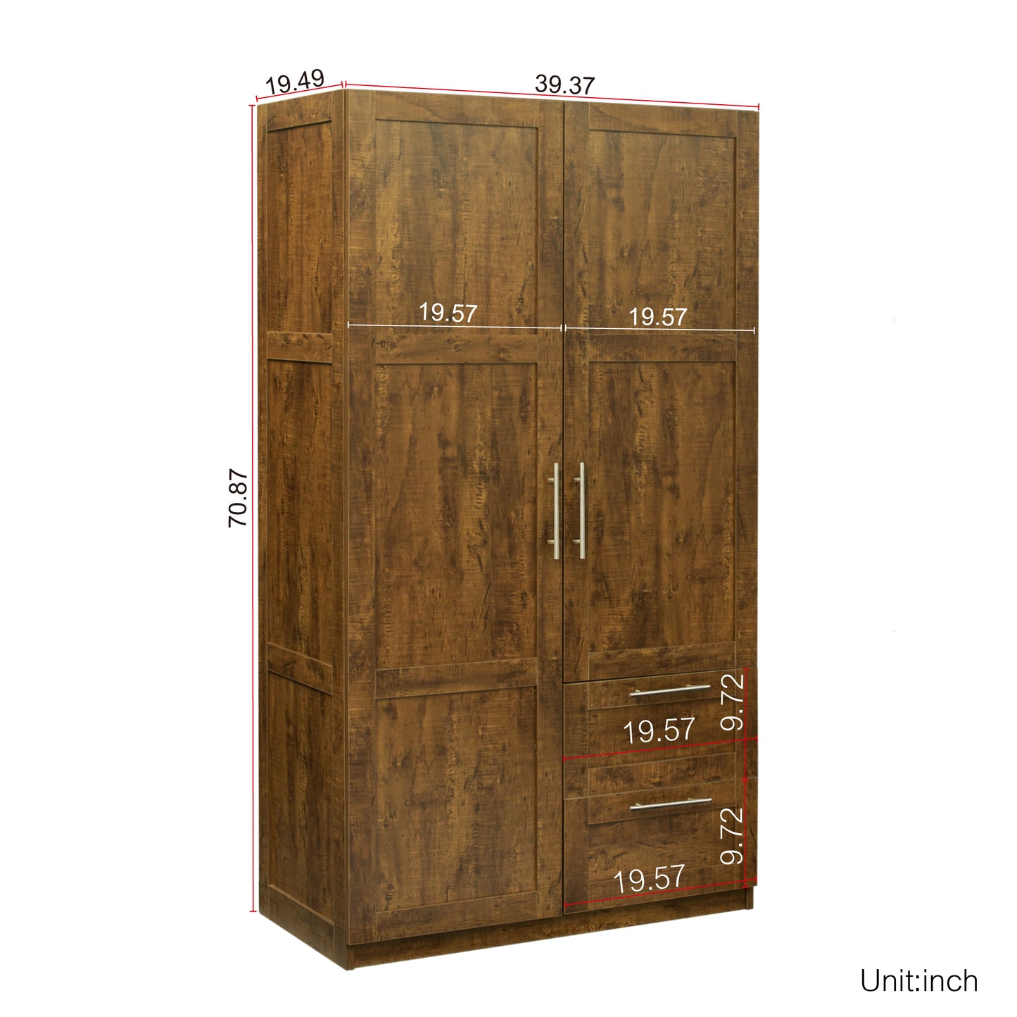 High wardrobe and kitchen cabinet with 2 doors, 2 drawers and 5 storage spaces,walnut