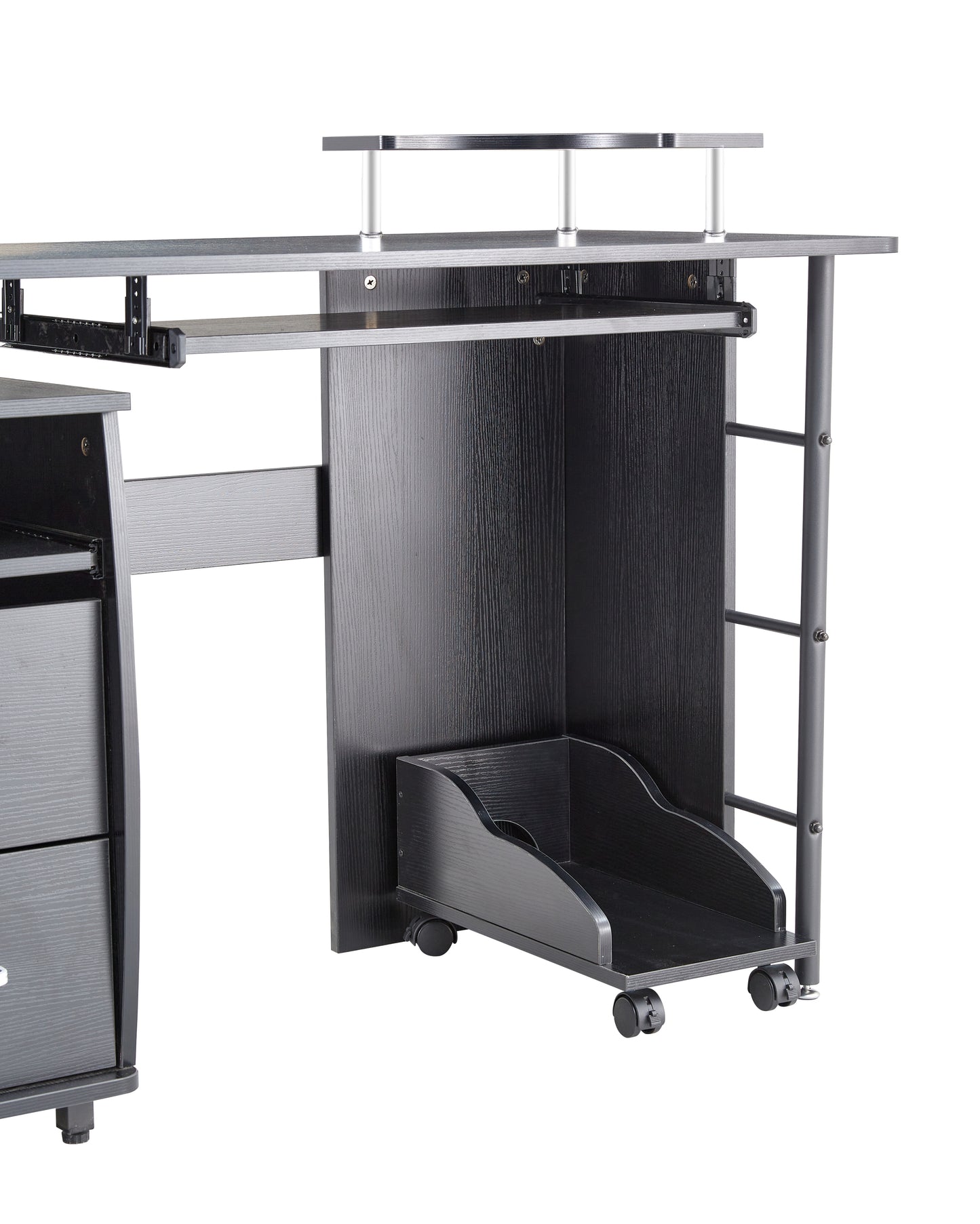 D&N solid wood computer Desk,office table with PC droller, storage shelves and file cabinet , two drawers, CPU tray,a shelf  used for planting, single , black. 47.24''L 21.65''W 34.35''H