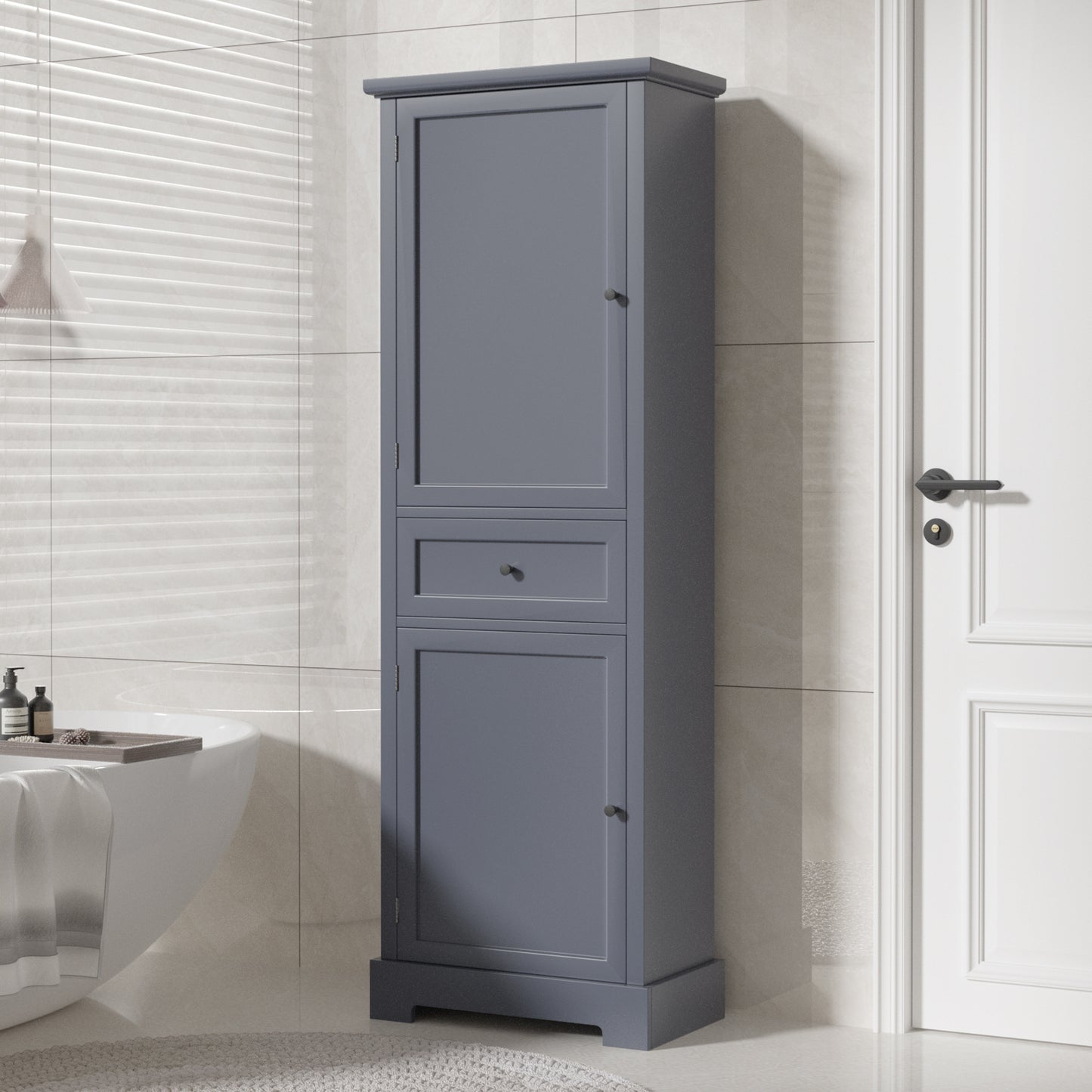 Bathroom Storage Cabinet, Tall Storage Cabinet with Two Doors and Drawer, Adjustable Shelf, Grey