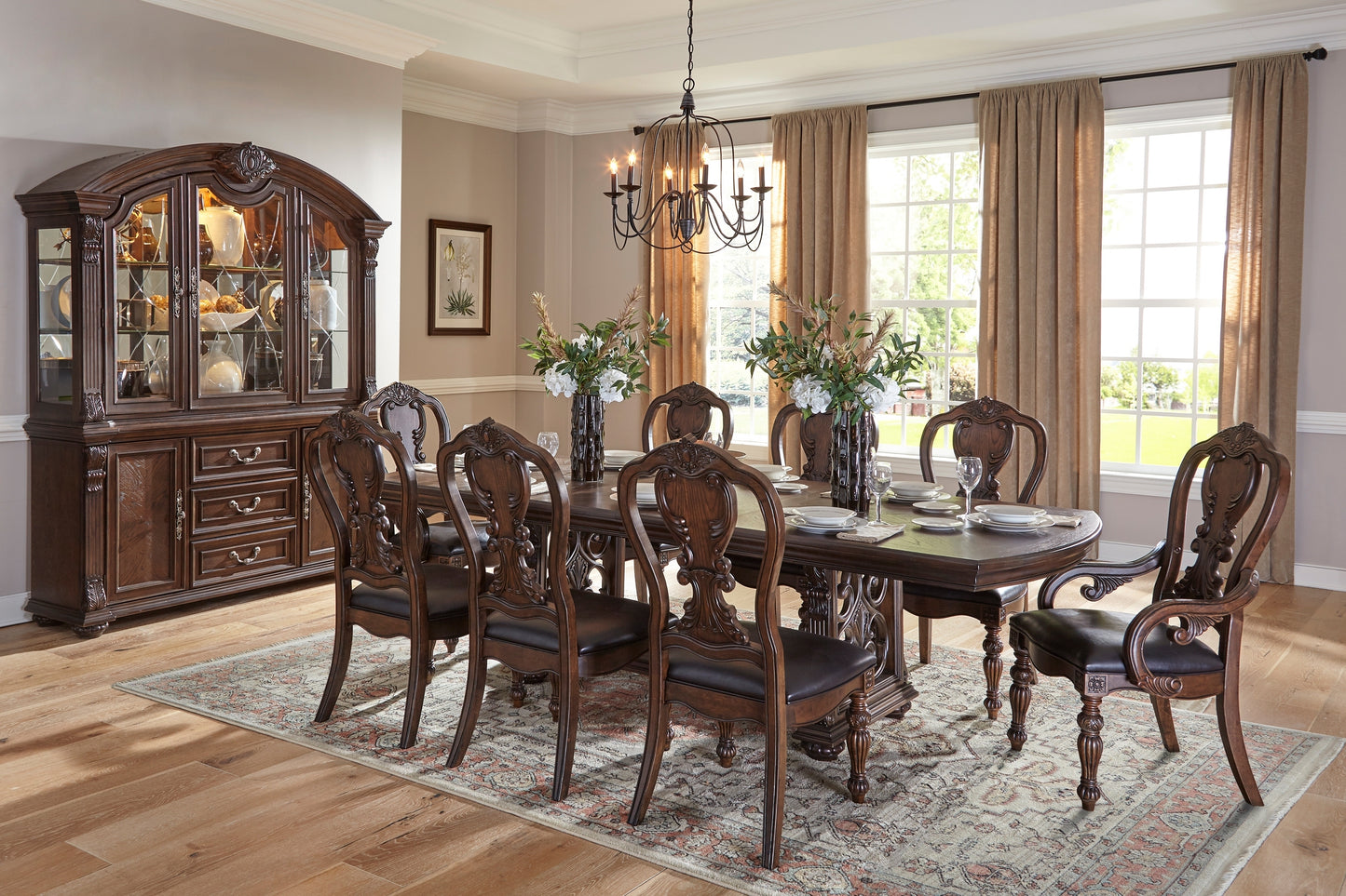 Lavish Style Formal Dining 5pc set Dining Table w Extension Leaf and 4x Side Chairs Dark Oak Finish Wooden Furniture