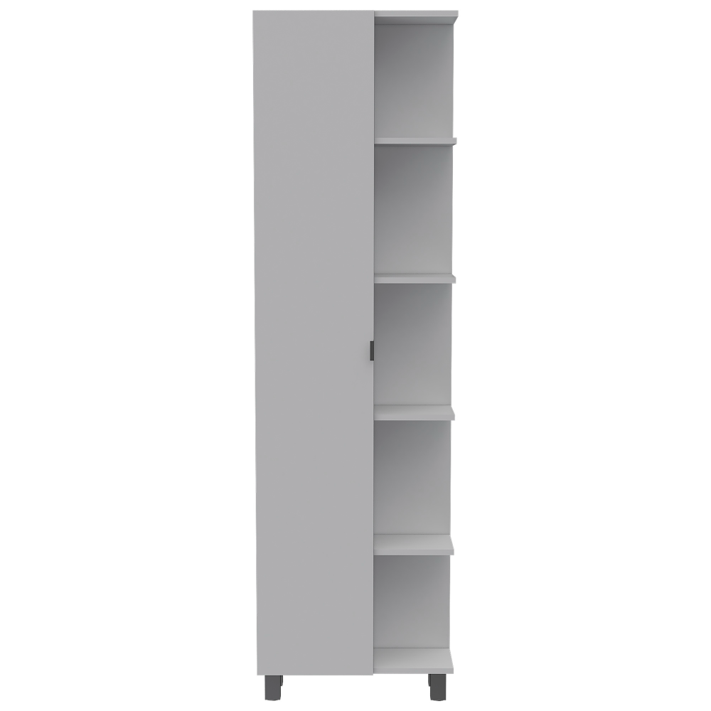 Urano Corner Linen Cabinet, Five External Shelves, Single Door, Four Interior Shelves -White