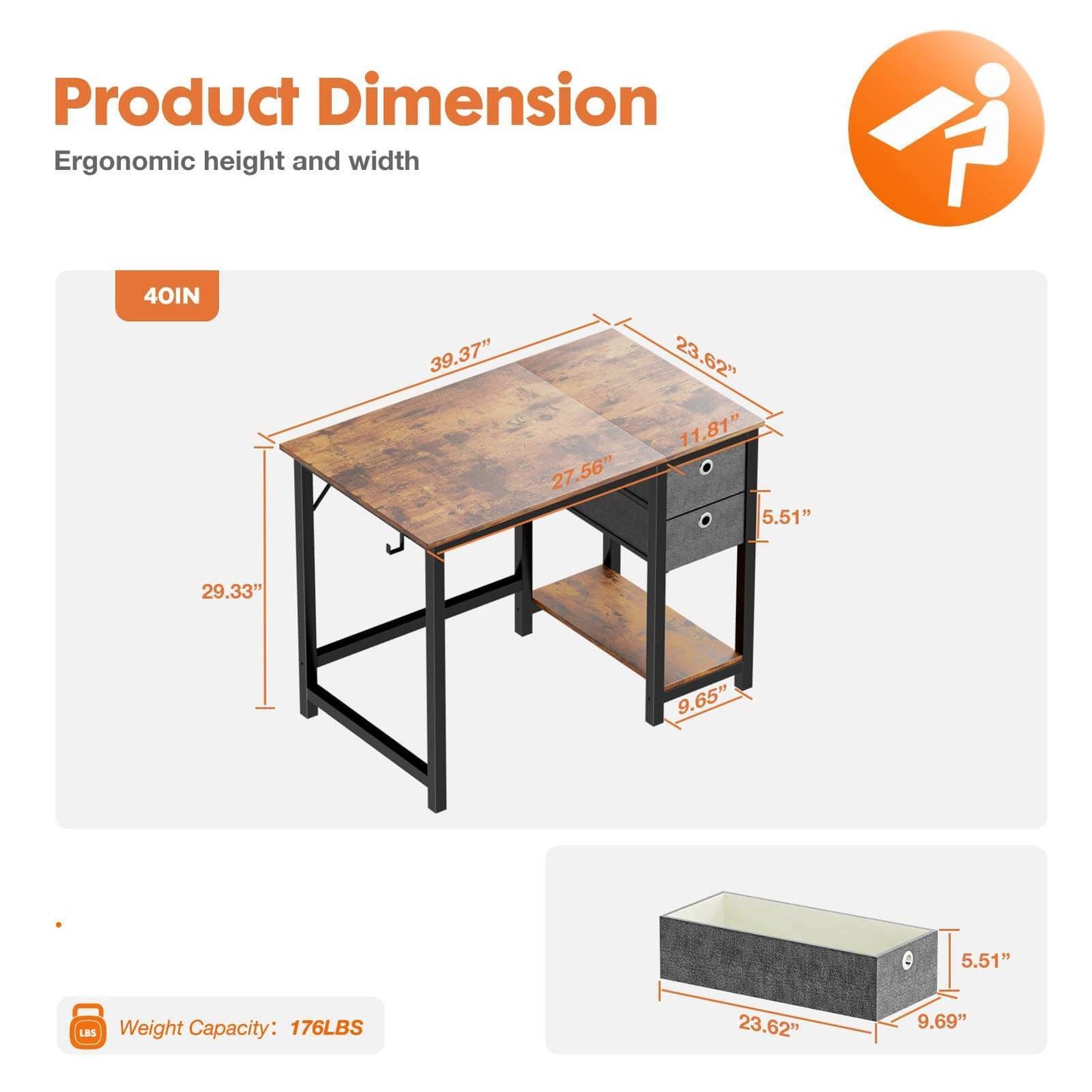 Modern Simple Style Home Office Writing Desk with 2-Tier Drawers Storage,Vintage Rustic,40IN