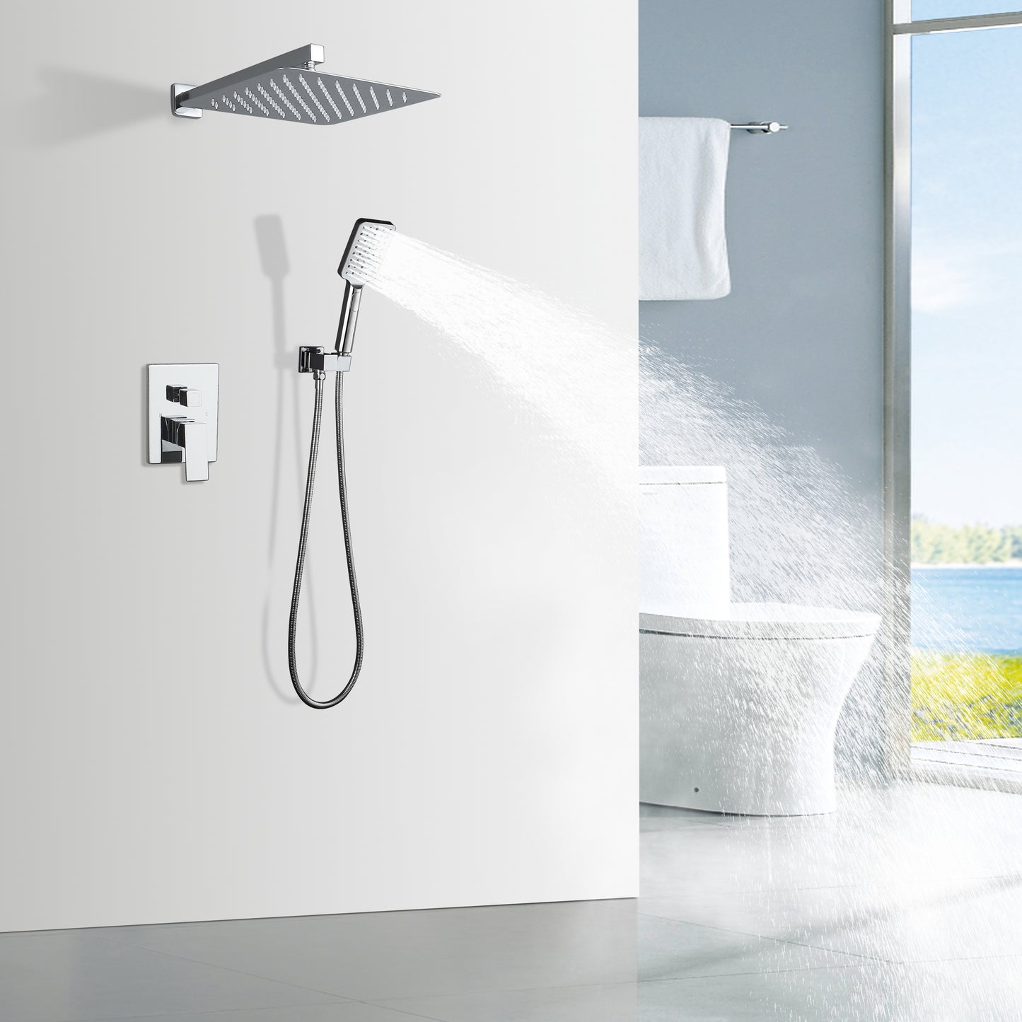 Shower Faucet Set Anti-scald Shower Fixtures with Rough-in Pressure Balanced Valve and Embedded Box, Wall Mounted Rain Shower System