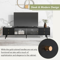 ON-TREND Contemporary TV Stand with Sliding Fluted Glass Doors, Slanted Drawers Media Console for TVs Up to 70", Chic Elegant TV Cabinet with Golden Metal Handles , Black