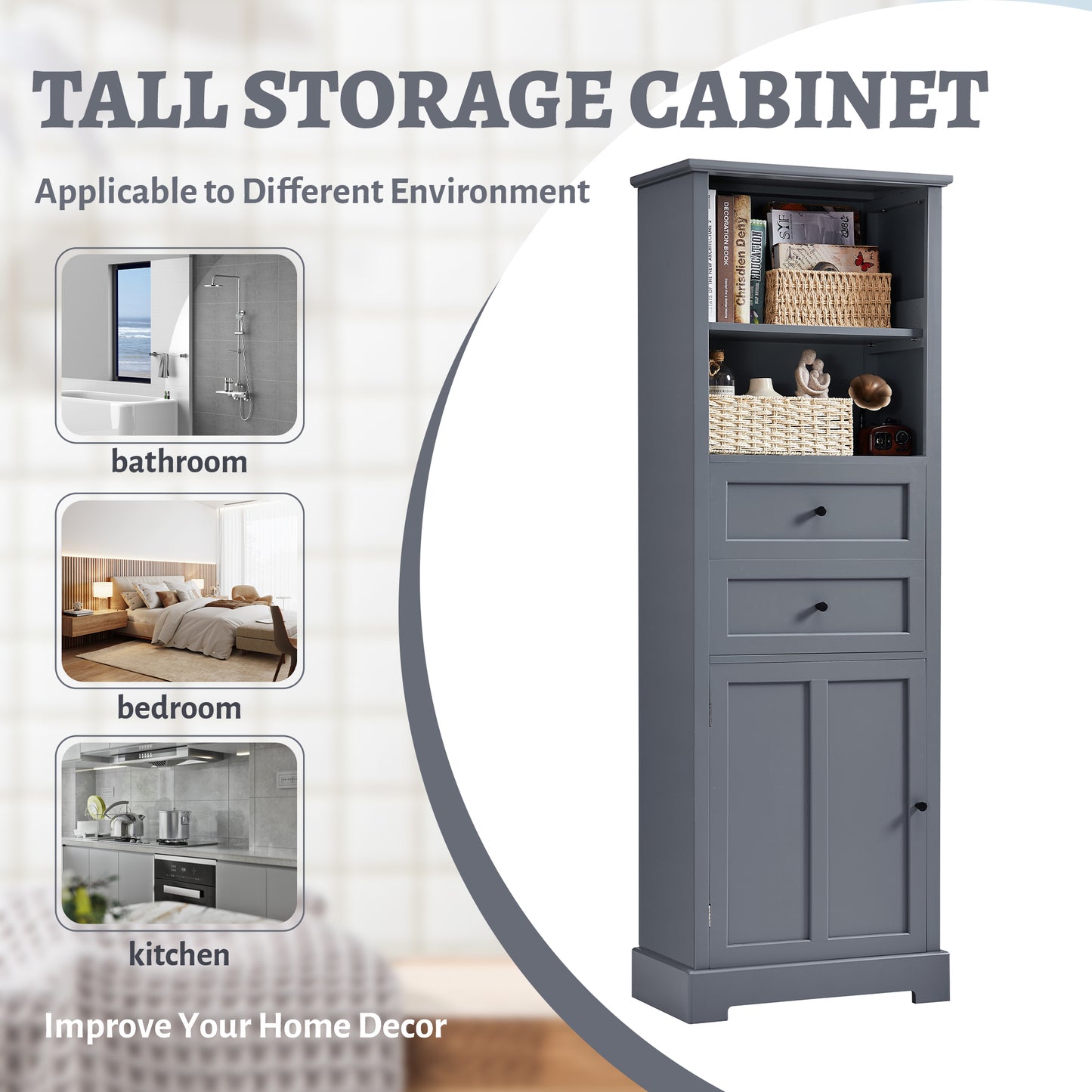 Bathroom Storage Cabinet, Tall Storage Cabinet with Two Drawers, Open Storage, Adjustable Shelf, Grey