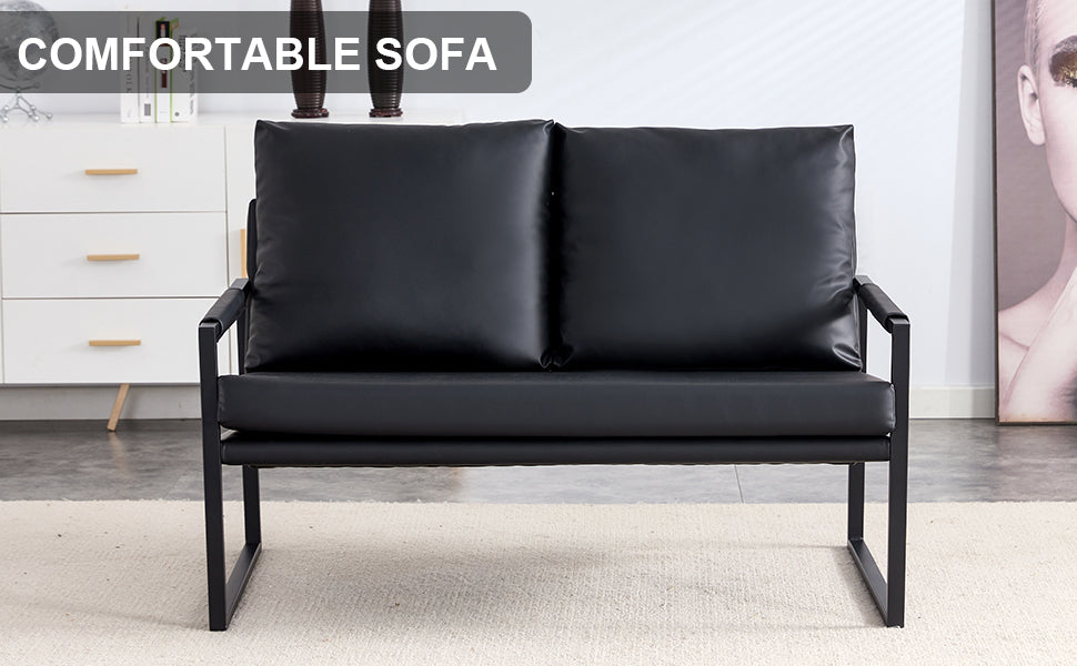 Sofa set. PU leather armchair metal frame cushion armchair, cushion backrest, living room sofa 1 double sofa+2 single sofa (black PU leather+metal frame+foam) SF-008 SF-D008