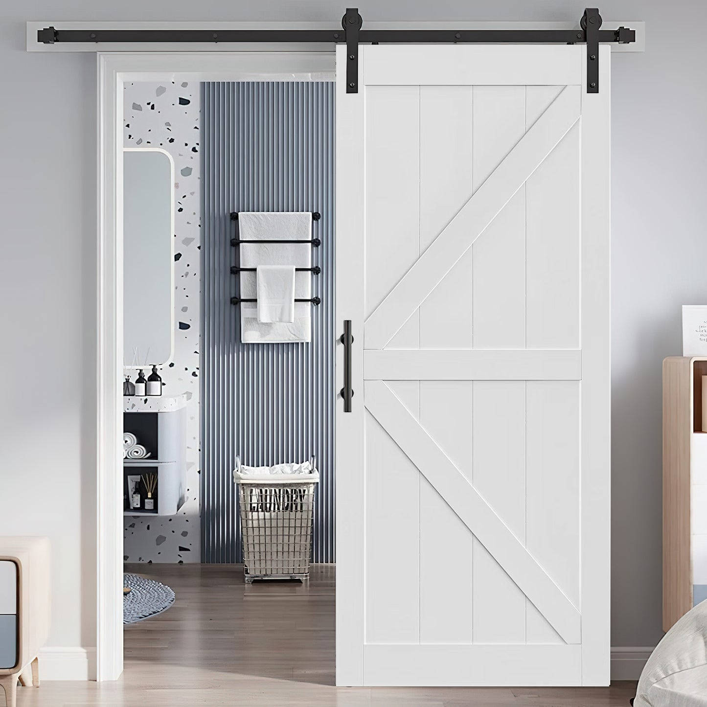 CRAZY ELF 28" x 84" "K" Style Wood Primed Standard Barn Door Slab, DIY Unfinished Solid Wood Paneled Door, Interior Single Door Slab, Pre-Drilled Ready to Assemble