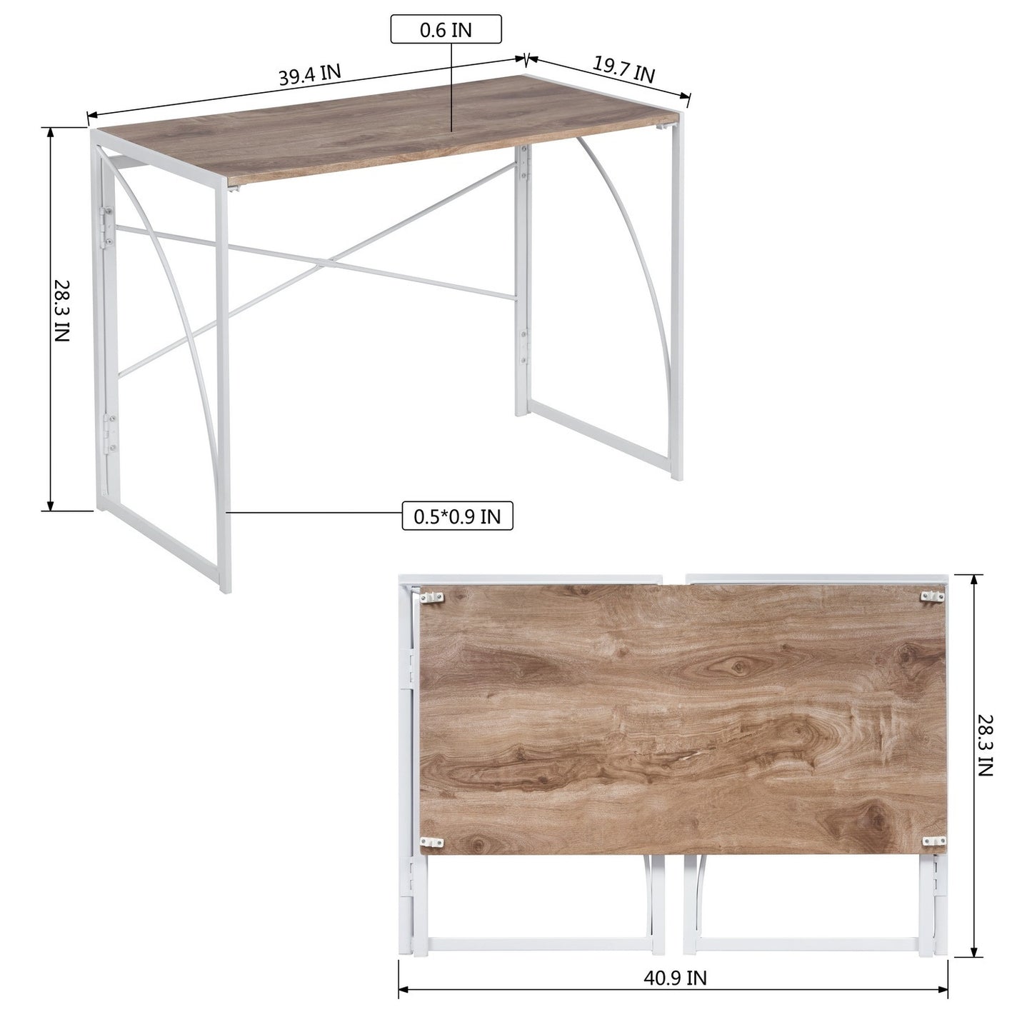 Folding Desk Simple Home Office Desk, Foldable Space Saving Computer Study Writing Table Workstation for Home Office with Metal Frames/Wood Top Laptop, No Assembly Required, oak & white