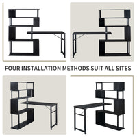 Home Office Computer Desk L-Shaped Corner Table, Rotating Computer Table with 5-Tier Bookshelf, Four Installation Methods, Lockable Casters (Black)