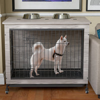 Dog Crate Furniture , 38'' Heavy Duty Wooden Dog Kennel with Double Doors & Flip-Top for Large Dogs, Furniture Style Dog Crate End Table with Wheels, Grey 38.3"L X 23.4"W X 32"H