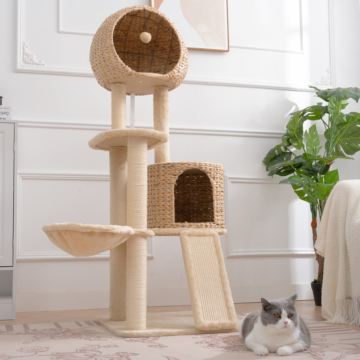 Cat Tree, 59-Inch Cat Tower for Indoor Cats, Plush Multi-Level Cat Condo with 2 Perches, 2 Caves, Cozy Basket and Scratching Board, Beige