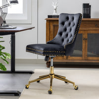 A&A Furniture Office Chair,Velvet Upholstered Tufted Button Home Office Chair with Golden Metal Base,Adjustable Desk Chair Swivel Office Chair (Black)