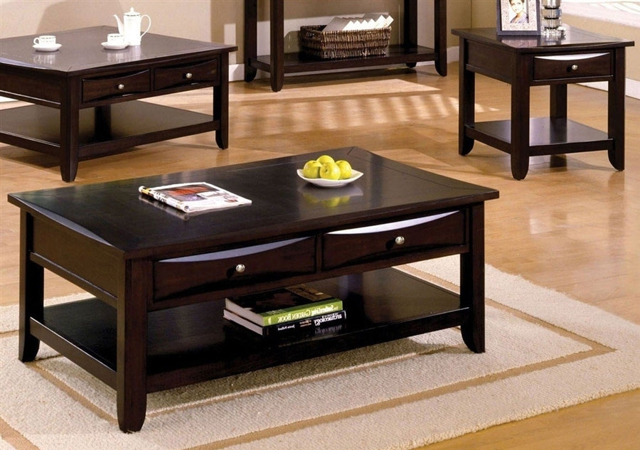 Living Room 1x Coffee Table Solid wood Espresso Open Shelf Drawers Sturdy Heavy Furniture 
Nickel Round Knob