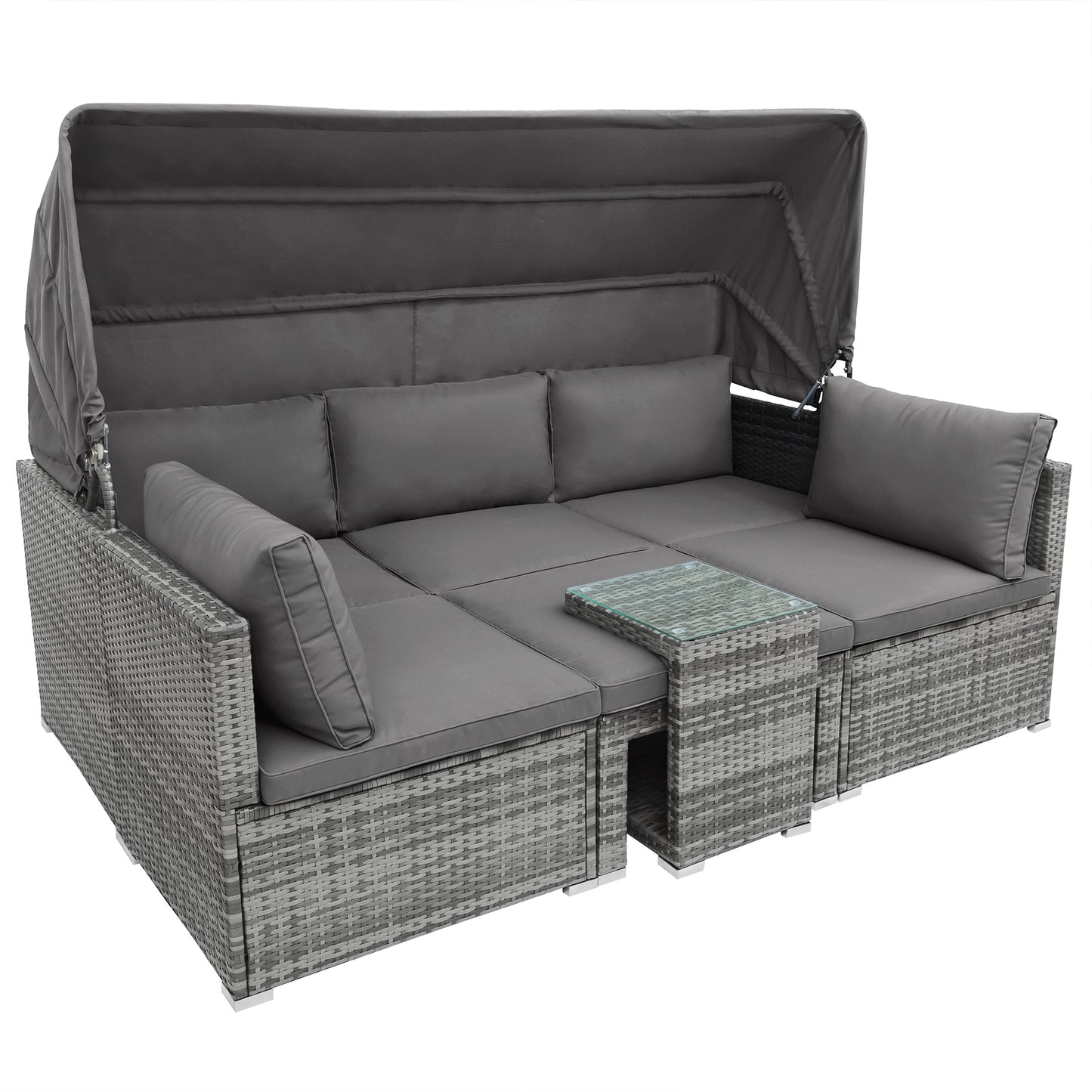 TOPMAX 5 Pieces Outdoor Sectional Patio Rattan Sofa Set Rattan Daybed , PE Wicker Conversation Furniture Set w/ Canopy and Tempered Glass Side Table, Gray