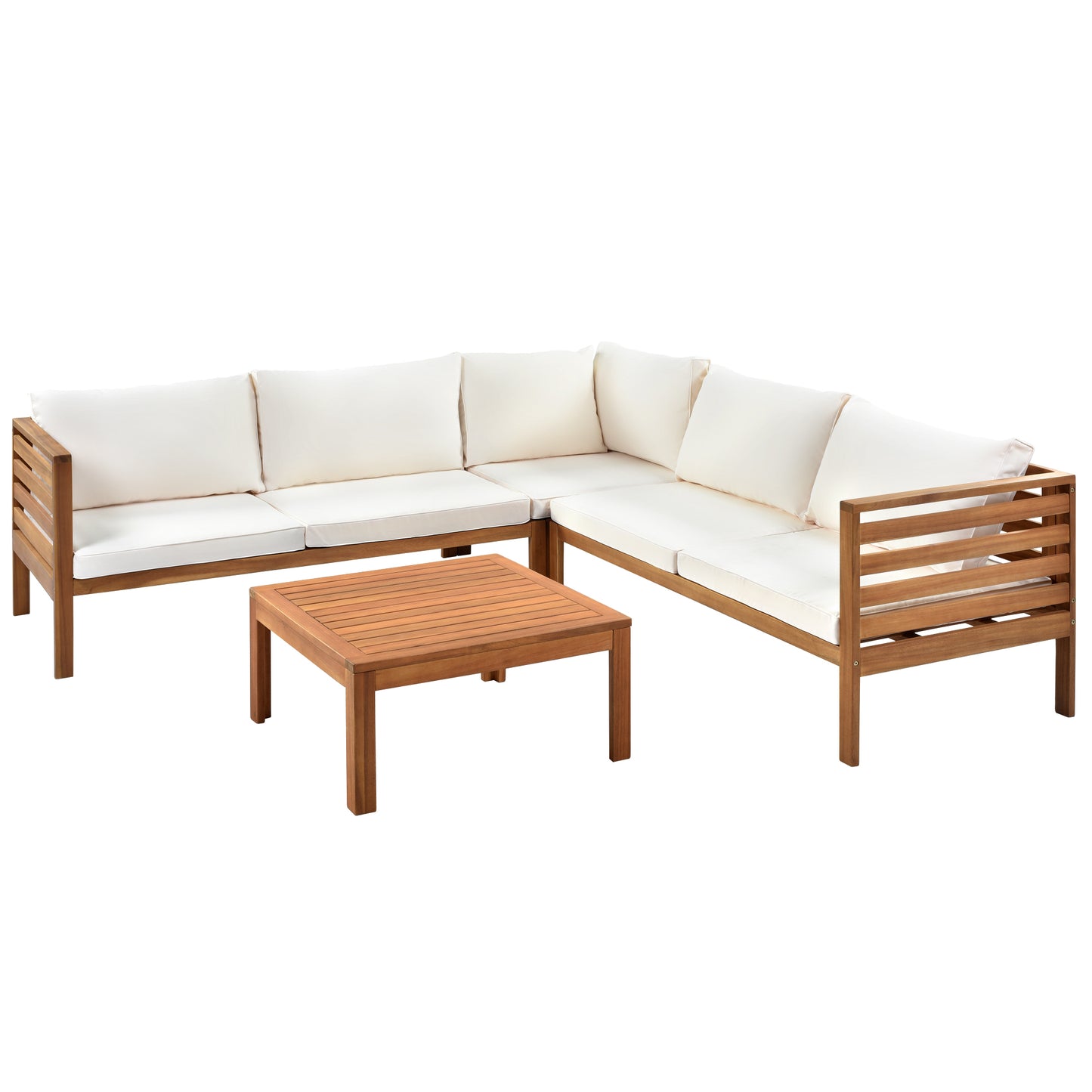 GO Wood Structure Outdoor Sofa Set with beige Cushions Exotic design Water-resistant and UV Protected texture Two-person Sofa One Corner Sofa plus One Coffee Table Strong Metal Accessories