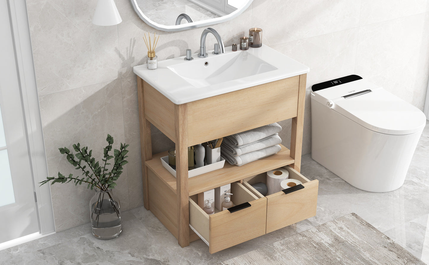 30" Bathroom Vanity with Sink Top, Bathroom Cabinet with Open Storage Shelf and Two Drawers, One Package, Natural