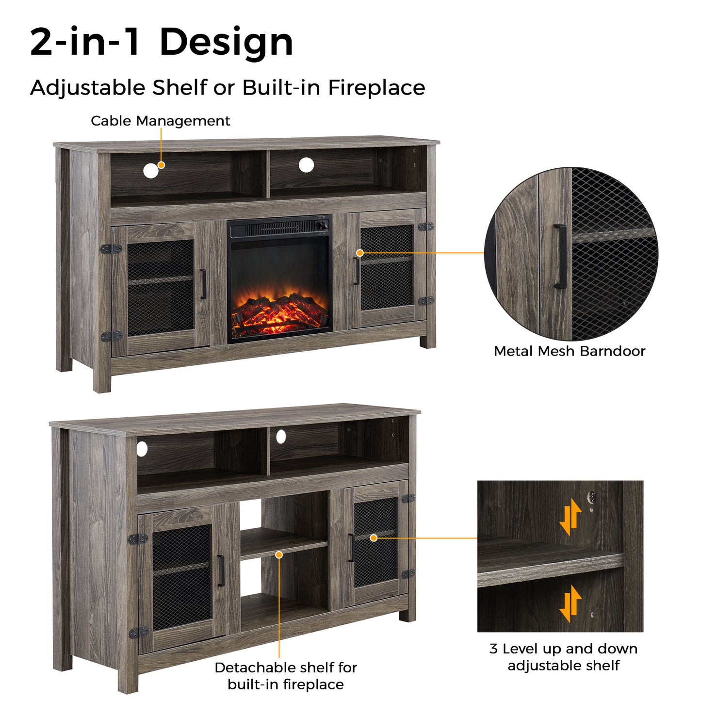 Modern Farmhouse TV Stand with Electric Fireplace, Fit up to 65" Flat Screen TV with Storage Cabinet and Adjustable Shelves Industrial Entertainment Center for Living Room, Grey